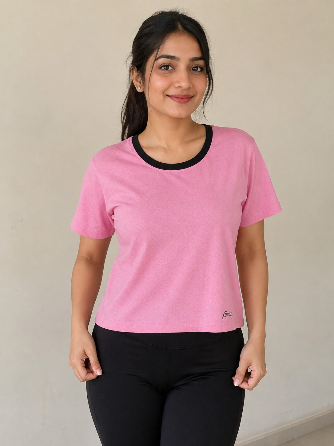 Deevaz Women’s Casual Pink Workout Crop Tee with Black Trim