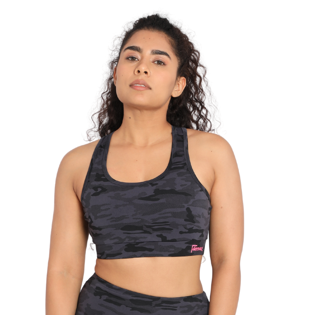 Deevaz Pair Of Comfort Fit Active Sports Bra & Snug Fit Active Ankle-Length Tights In Bluish Camouflage Color.