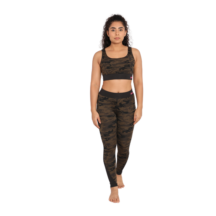 Deevaz Pair Of Comfort Fit Active Sports Bra & Snug Fit Active Ankle-Length Tights In Printed olive Color..