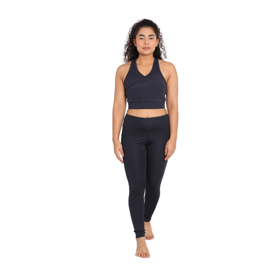 Deevaz Pair Of Comfort Fit Active Sports Bra & Snug Fit Active Ankle-Length Tights In Navy Blue Color.