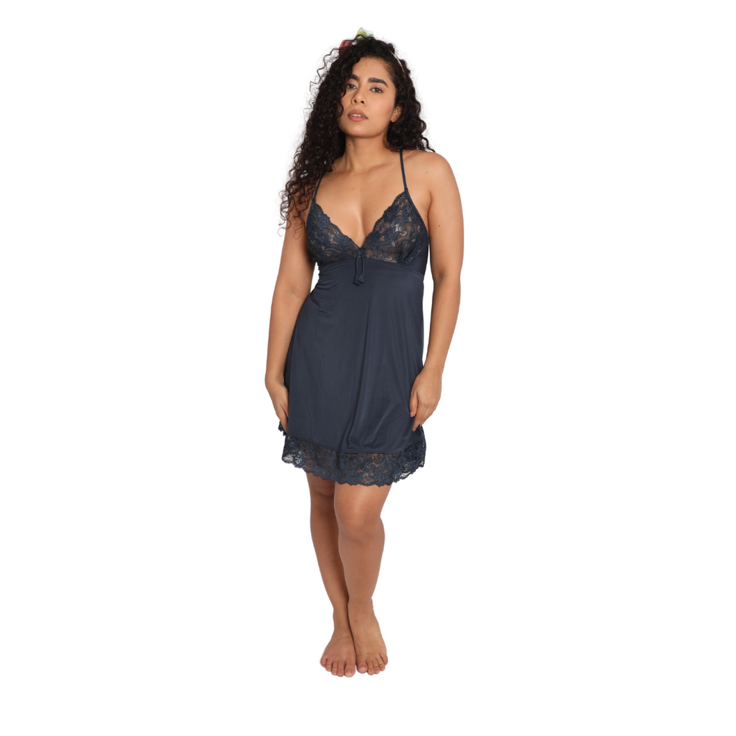 Deevaz Women's Baby Doll Night Wear Dress Set In Navy Blue Color.