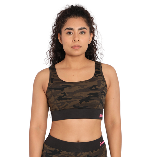 Deevaz Pair Of Comfort Fit Active Sports Bra & Snug Fit Active Ankle-Length Tights In Printed olive Color