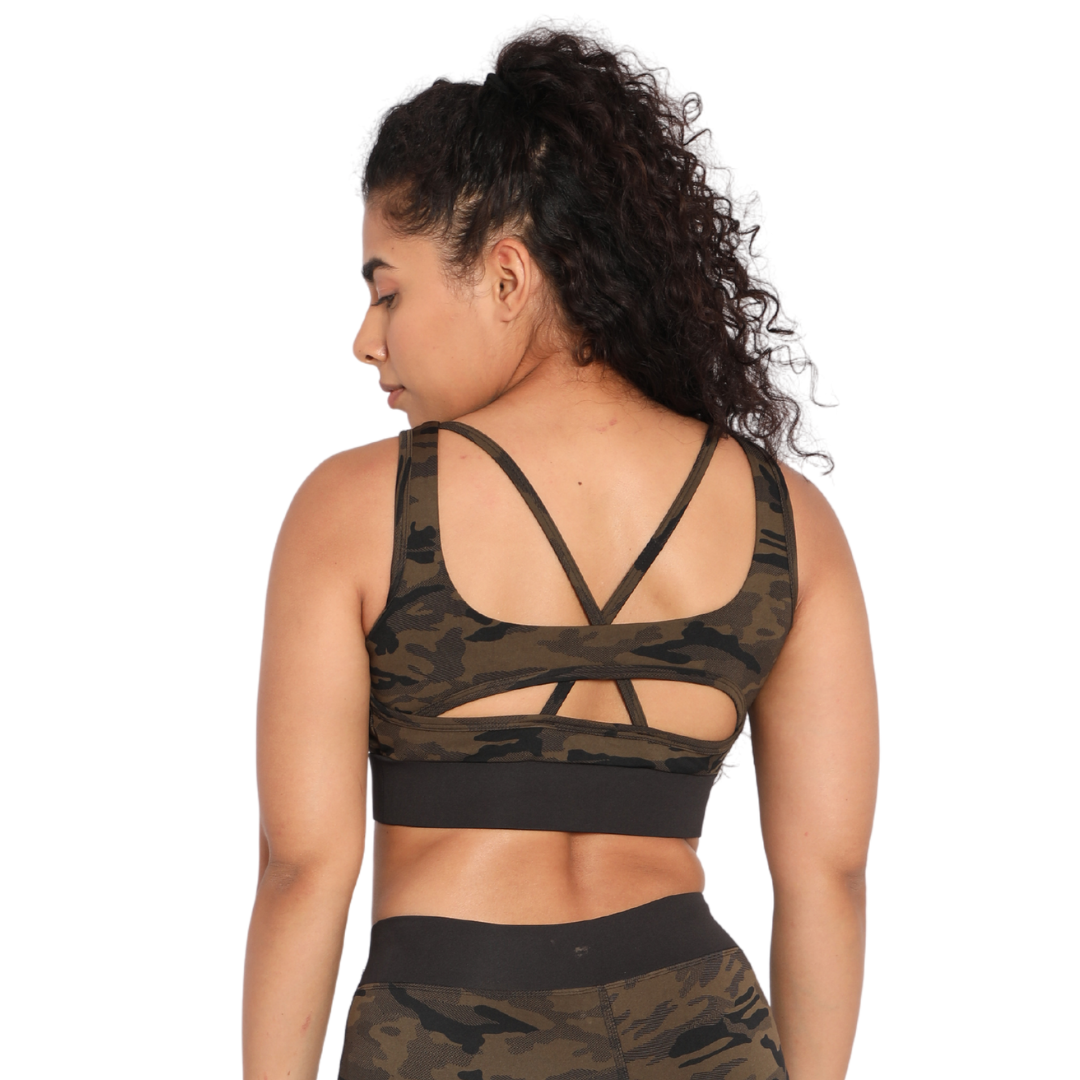 Deevaz Pair Of Comfort Fit Active Sports Bra & Snug Fit Active Ankle-Length Tights In Printed olive Color