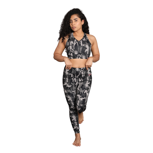 Deevaz Pair Of Comfort Fit Active Sports Bra & Snug Fit Active Ankle-Length Tights In Grey Camouflage Color.