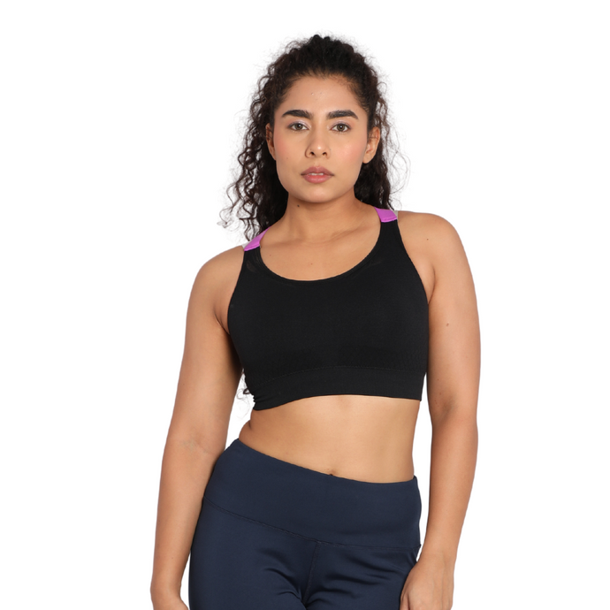 Deevaz Medium Impact Padded Non-Wired Sports Bra In Black Color With Lavender Cross Back Strap Detailing.