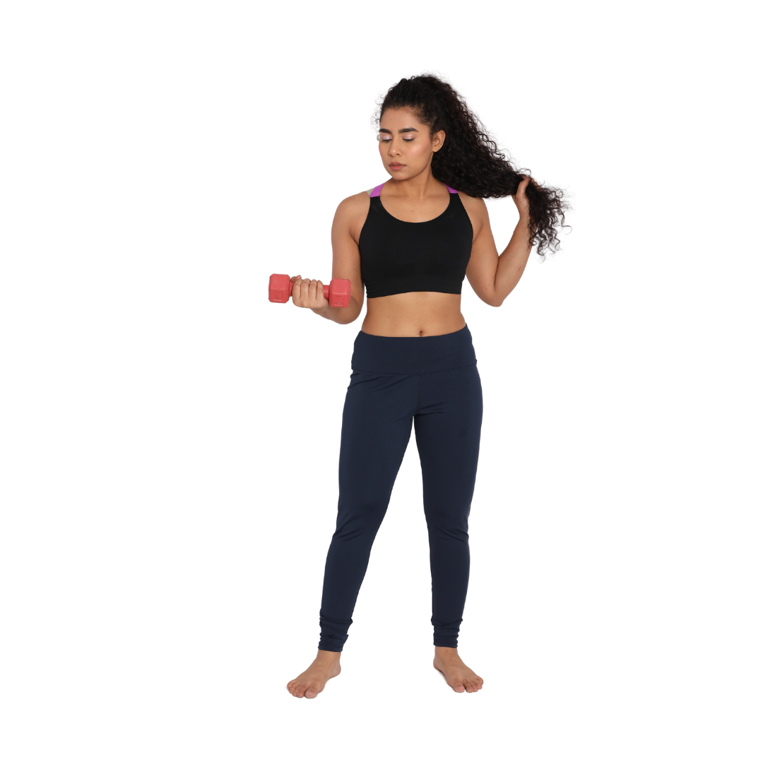 Deevaz Medium Impact Padded Non-Wired Sports Bra In Black Color With Lavender Cross Back Strap Detailing.