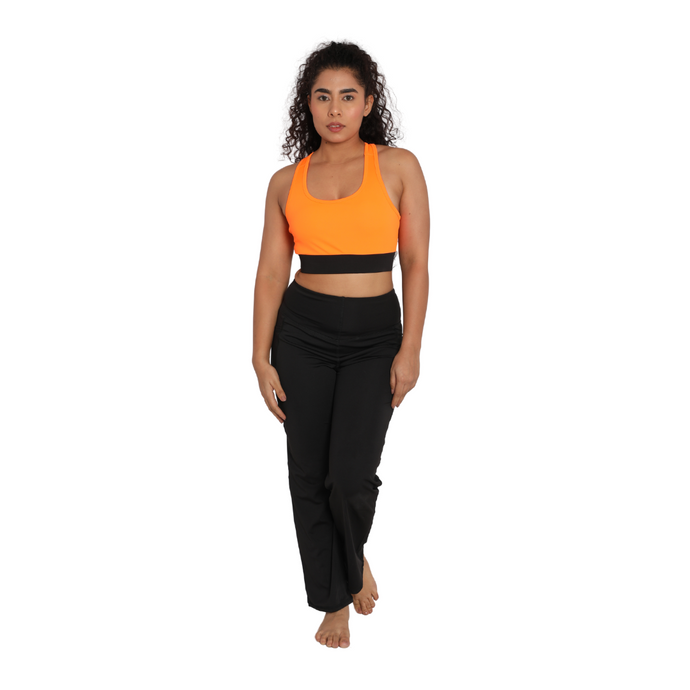 Deevaz Pair Of Comfort Fit Active Sports Bra & Groove-in High Waist Cotton Spandex Flared Pants In Black Color.