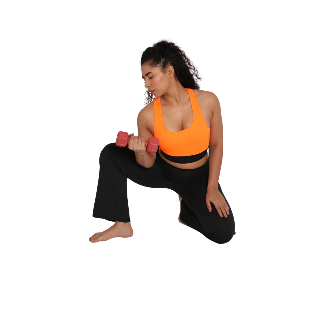 Deevaz Pair Of Comfort Fit Active Sports Bra & Groove-in High Waist Cotton Spandex Flared Pants In Black Color.
