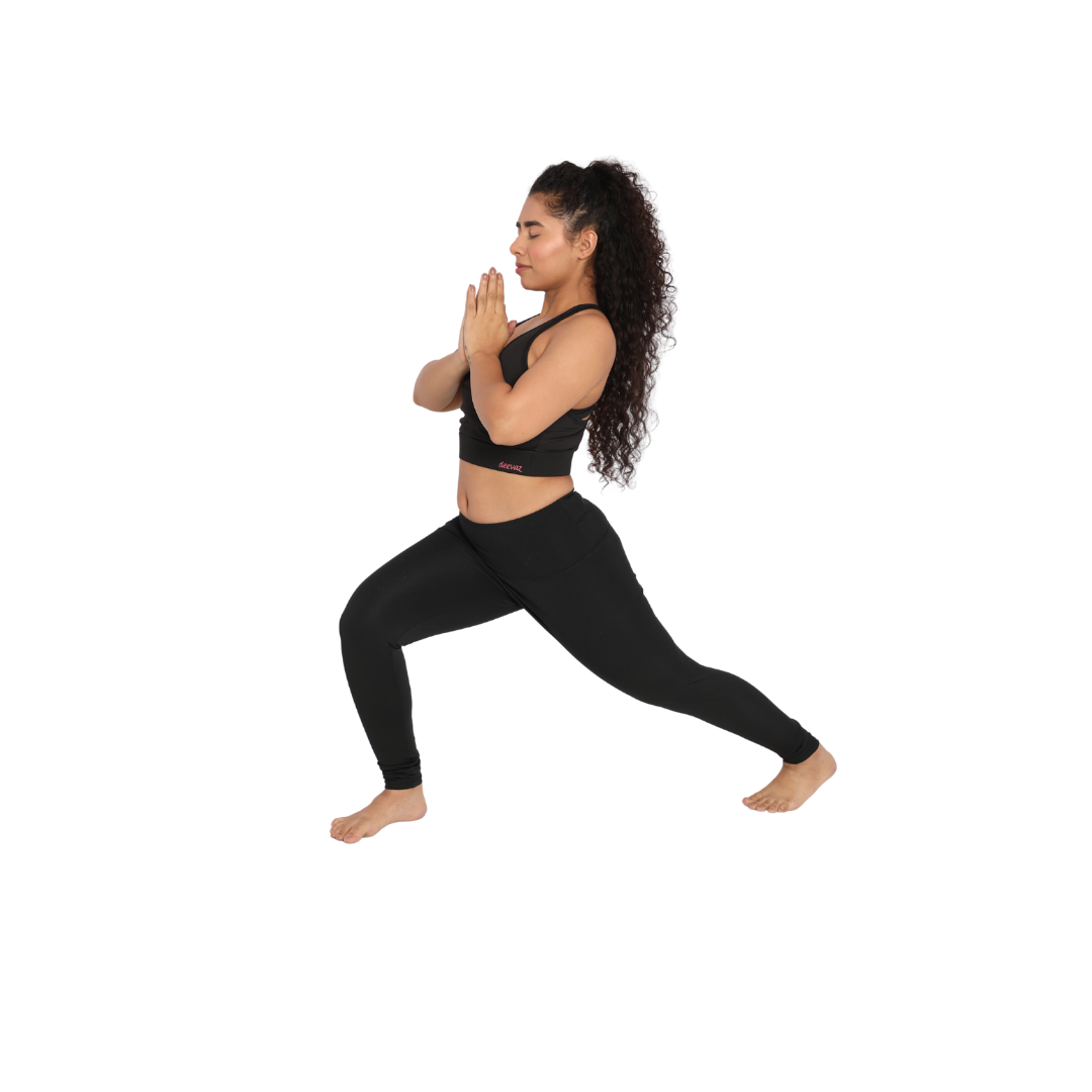 Deevaz Pair Of Comfort Fit Active Sports Bra & Snug Fit Active Ankle-Length Tights In Black Colour.
