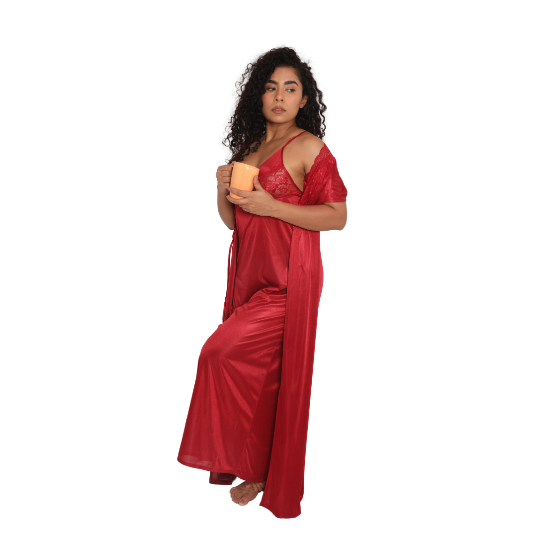 Deevaz Women's Satin Solid Maxi Length Nighty with Robe Maroon Color.