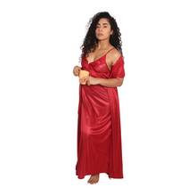 Load image into Gallery viewer, Deevaz Women&#39;s Satin Solid Maxi Length Nighty with Robe Maroon Color.