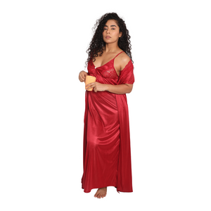 Deevaz Women's Satin Solid Maxi Length Nighty with Robe Maroon Color.
