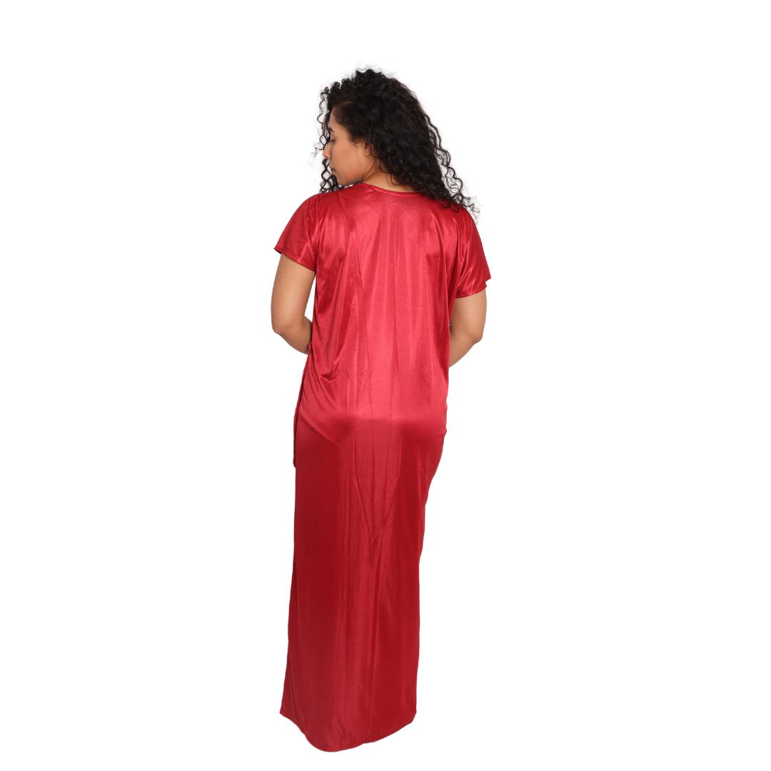 Deevaz Women's Satin Solid Maxi Length Nighty with Robe Maroon Color.