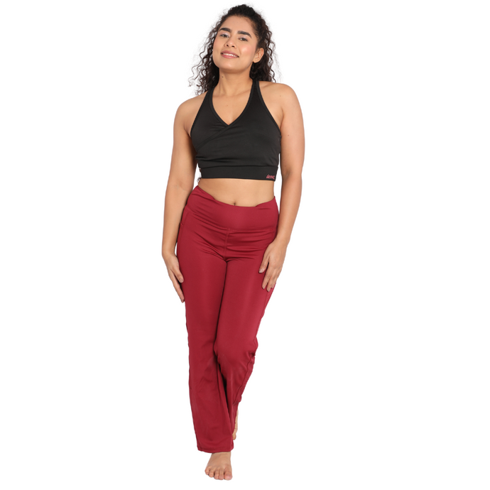 Deevaz Pair Of Comfort Fit Active Sports Bra & Groove-in High Waist Cotton Spandex Flared Pants In Maroon Color.