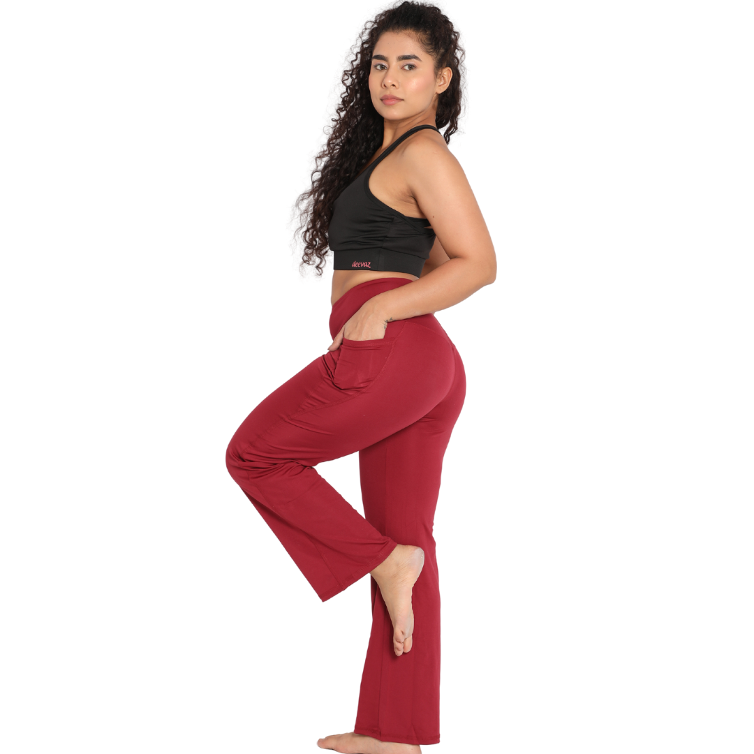 Deevaz Pair Of Comfort Fit Active Sports Bra & Groove-in High Waist Cotton Spandex Flared Pants In Maroon Color.