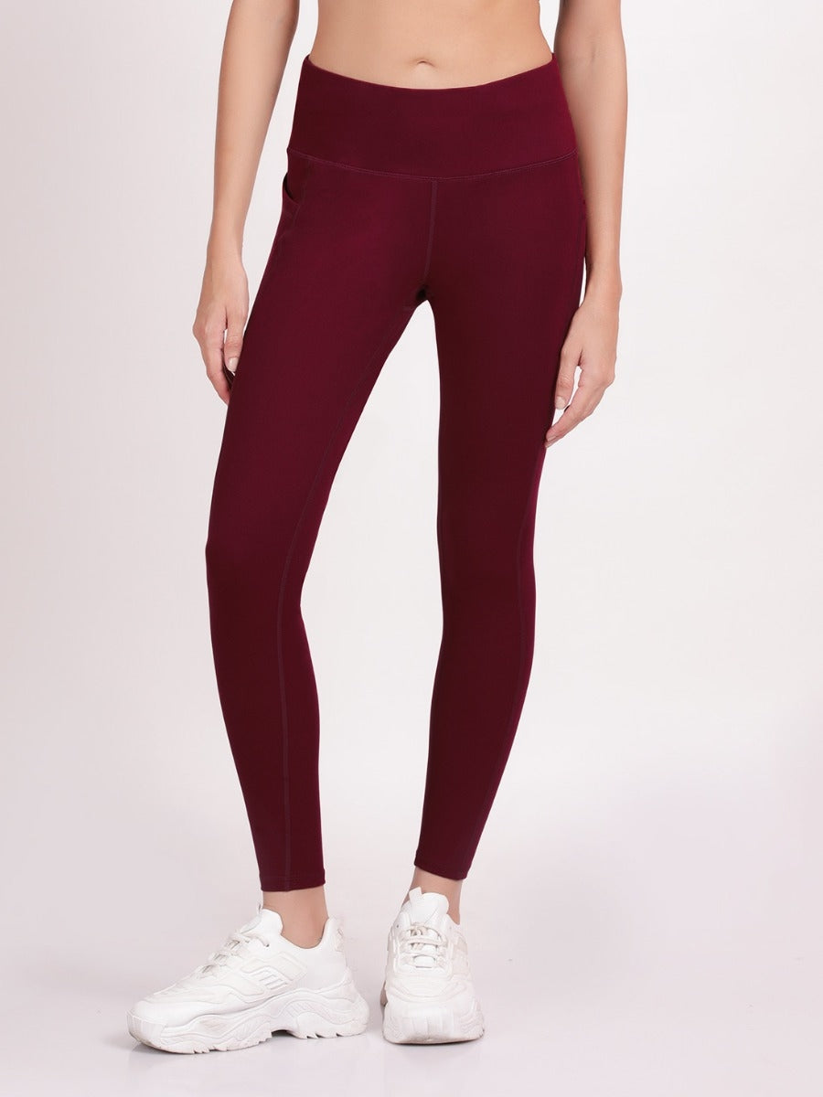 Deevaz Comfort & Snug Fit Active Ankle-Length Tights In Maroon Color (Side Pocket)