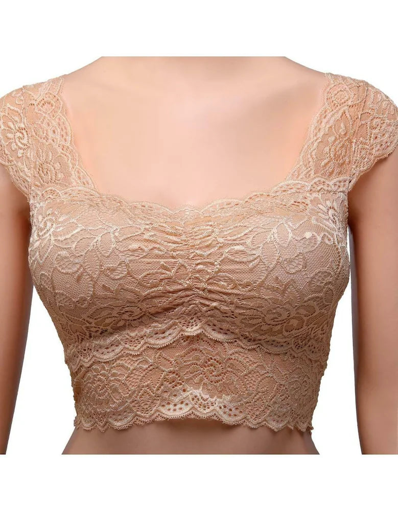 Deevaz Padded non-wired Floral Lace Crop Bralette in Beige Colour.