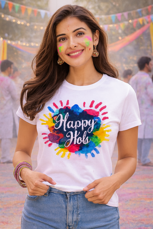Deevaz Women Comfort Fit Round Neck Half Sleeve Holi T Shirts In White Color