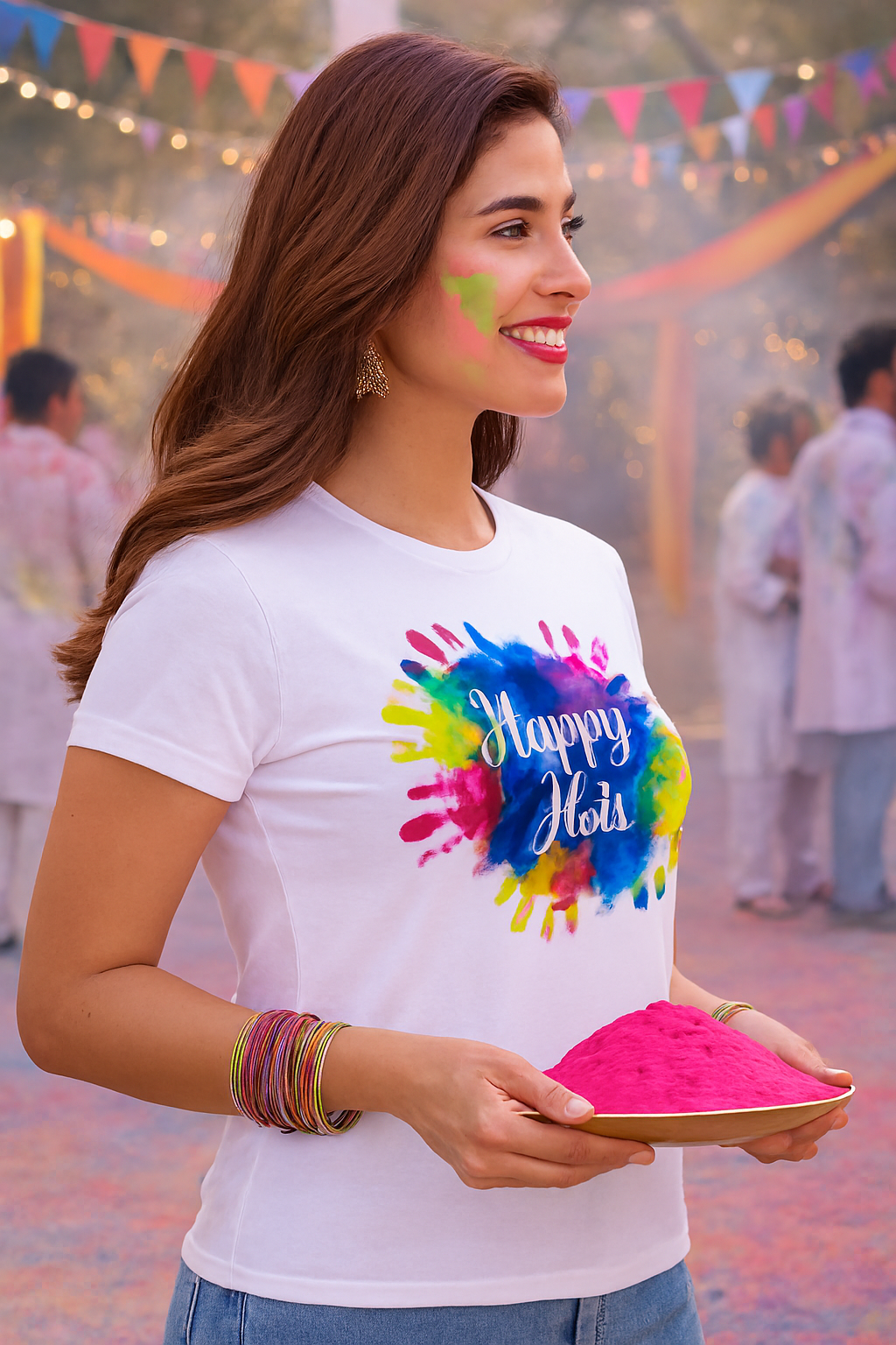 Deevaz Women Comfort Fit Round Neck Half Sleeve Holi T Shirts In White Color