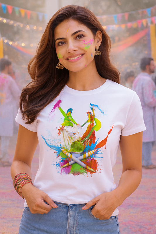 Deevaz Women Comfort Fit Round Neck Half Sleeve Holi T Shirts In White Color