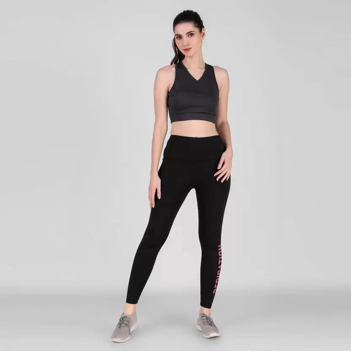 Deevaz Pair Of Comfort Fit Active Sports Bra & Snug Fit Active Ankle-Length Tights In Black Colour.