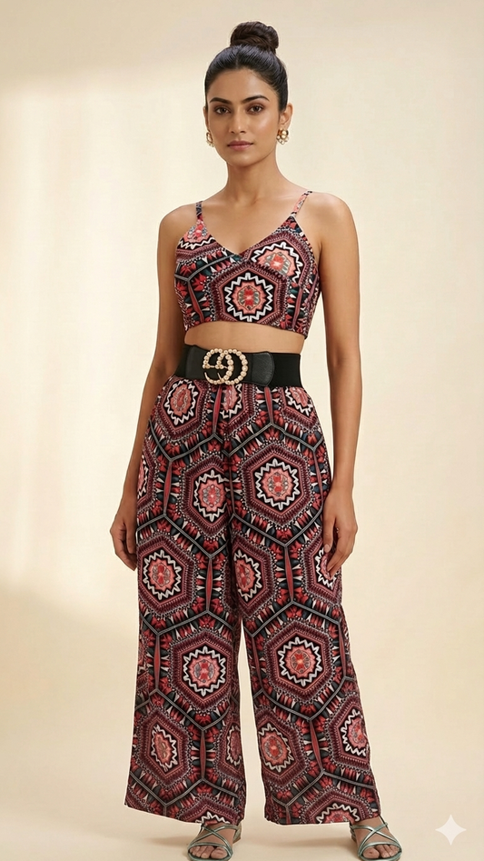 Women’s Sleeveless Crop Top & Wide‑Leg Pants Set – Bold Geometric Floral Print, Premium Essentials by Deevaz