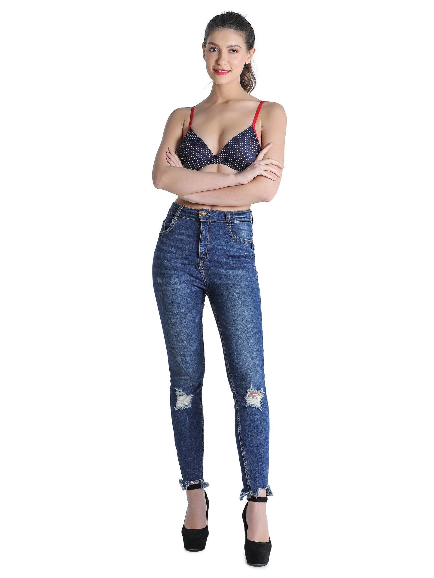 Deevaz Combo Of 2 Padded Printed Non-Wired Push Up Bra In Blue Polka Dot & Multicolour racer back.