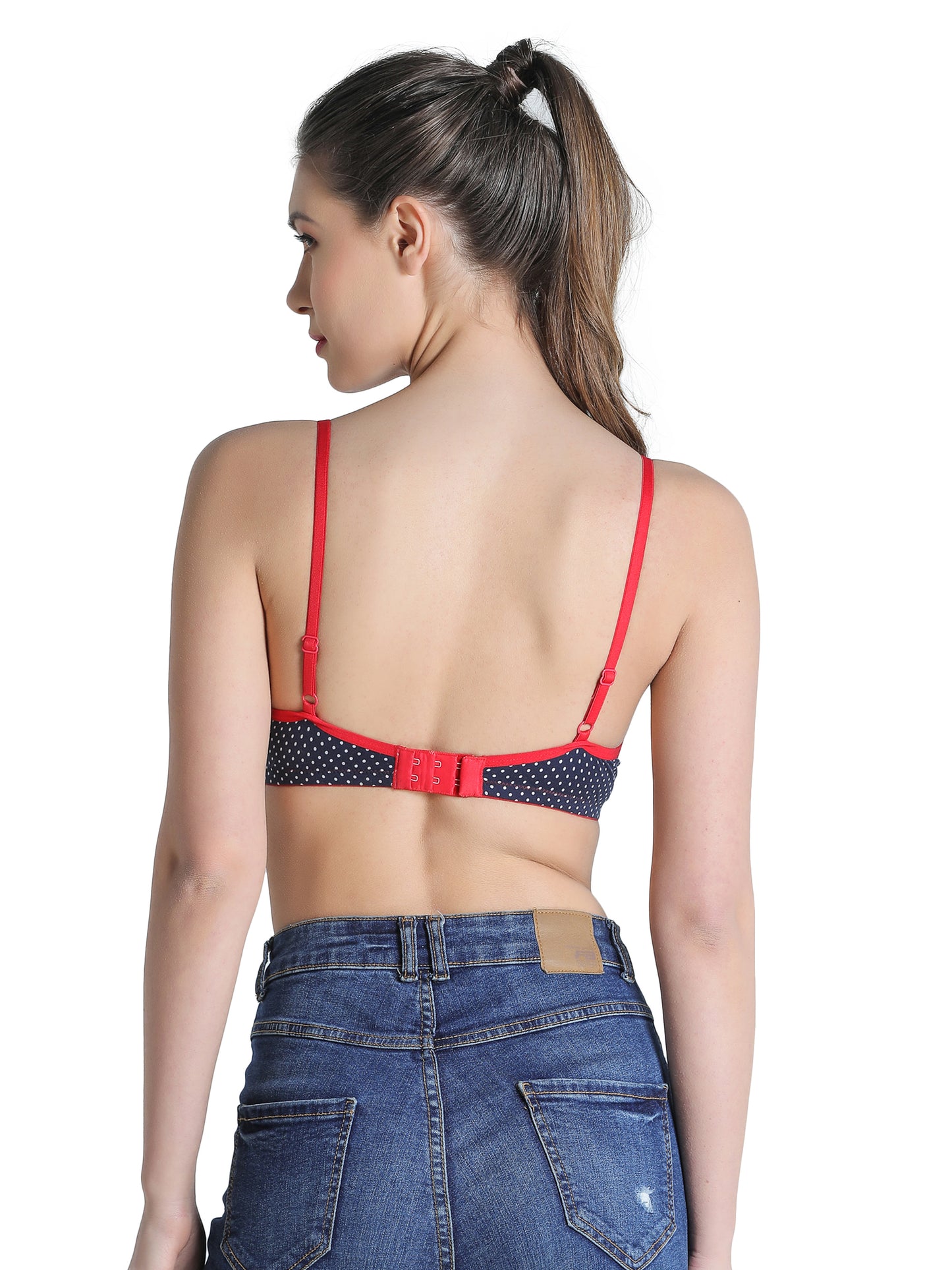 Deevaz Combo Of 2 Padded Printed Non-Wired Push Up Bra In Blue Polka Dot & Multicolour racer back.