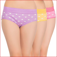 Load image into Gallery viewer, Deevaz Cotton Rich High Waist Heart Print Hipster Panty Combo of 3 in Pink, Yellow &amp; Purple