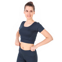 Load image into Gallery viewer, Deevaz Pair of  Comfort Fit Active Crop T-shirt &amp; Snug Fit Active Ankle-Length Tights in Navy Blue Colour.