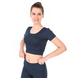 Deevaz Pair of  Comfort Fit Active Crop T-shirt & Snug Fit Active Ankle-Length Tights in Navy Blue Colour.