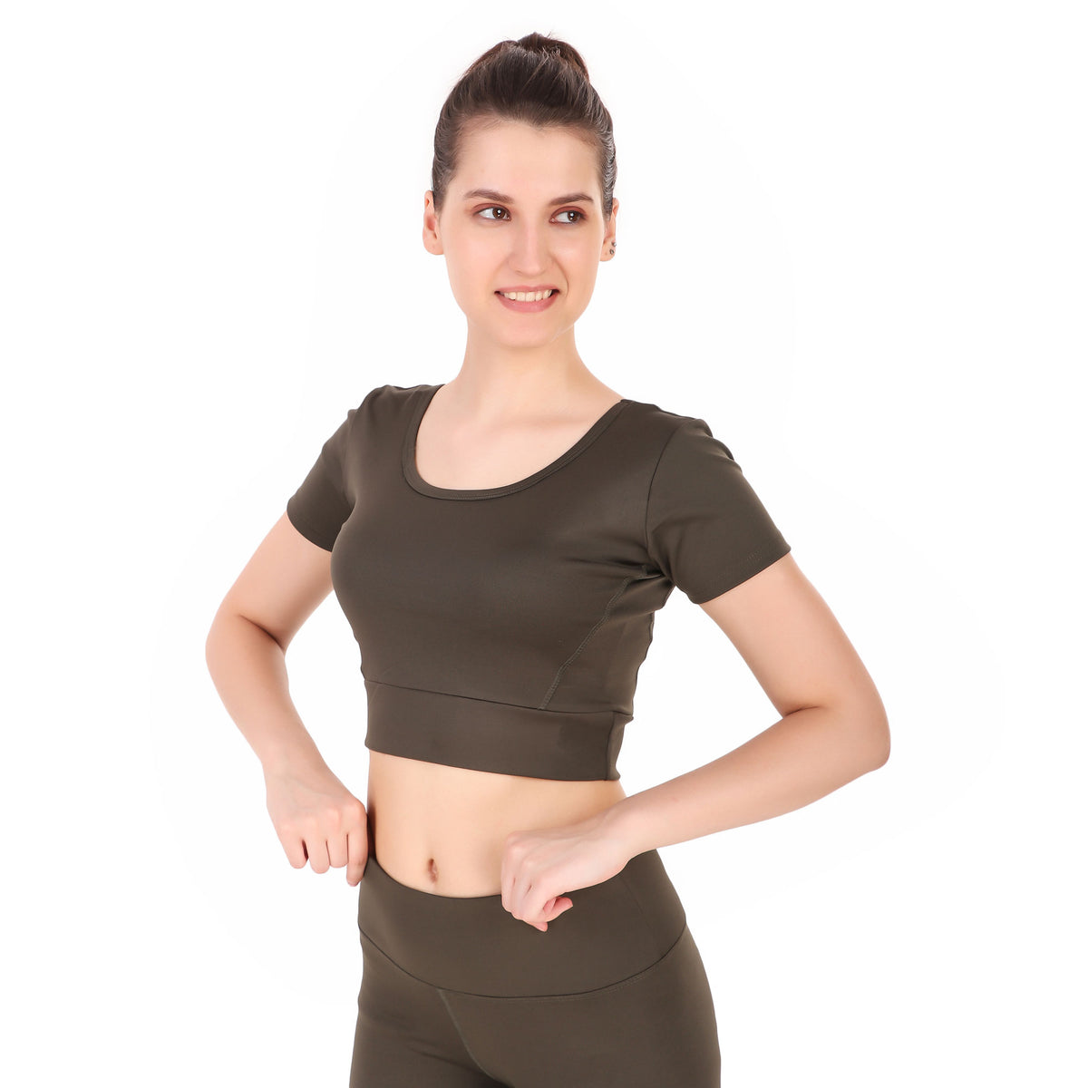 Deevaz Pair Of Comfort Fit Active Crop T-Shirt & Snug Fit Active Ankle-Length Tights In Olive Green Colour