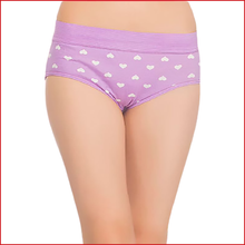 Load image into Gallery viewer, Deevaz Cotton Rich High Waist Heart Print Hipster Panty Combo of 3 in Pink, Yellow &amp; Purple