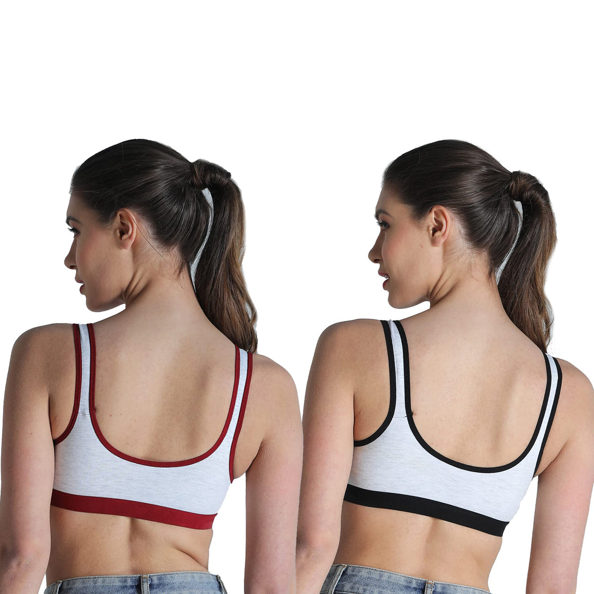 Deevaz Combo of 2 Non-Padded Cotton Rich Sports Bra In Burgundy & Black Melange Colour Detailing.