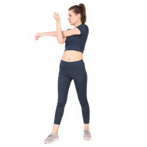 Deevaz Pair of  Comfort Fit Active Crop T-shirt & Snug Fit Active Ankle-Length Tights in Navy Blue Colour.