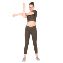 Load image into Gallery viewer, Deevaz Pair Of Comfort Fit Active Crop T-Shirt &amp; Snug Fit Active Ankle-Length Tights In Olive Green Colour