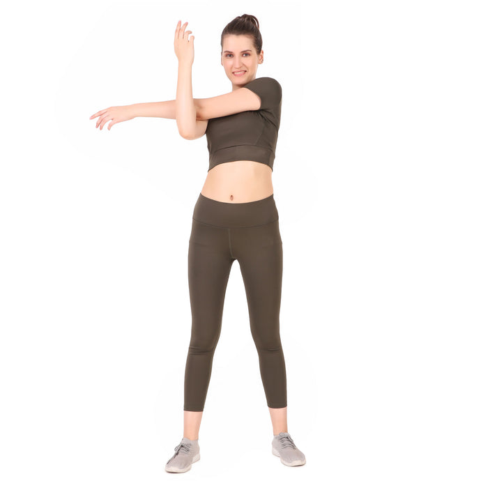 Deevaz Pair Of Comfort Fit Active Crop T-Shirt & Snug Fit Active Ankle-Length Tights In Olive Green Colour