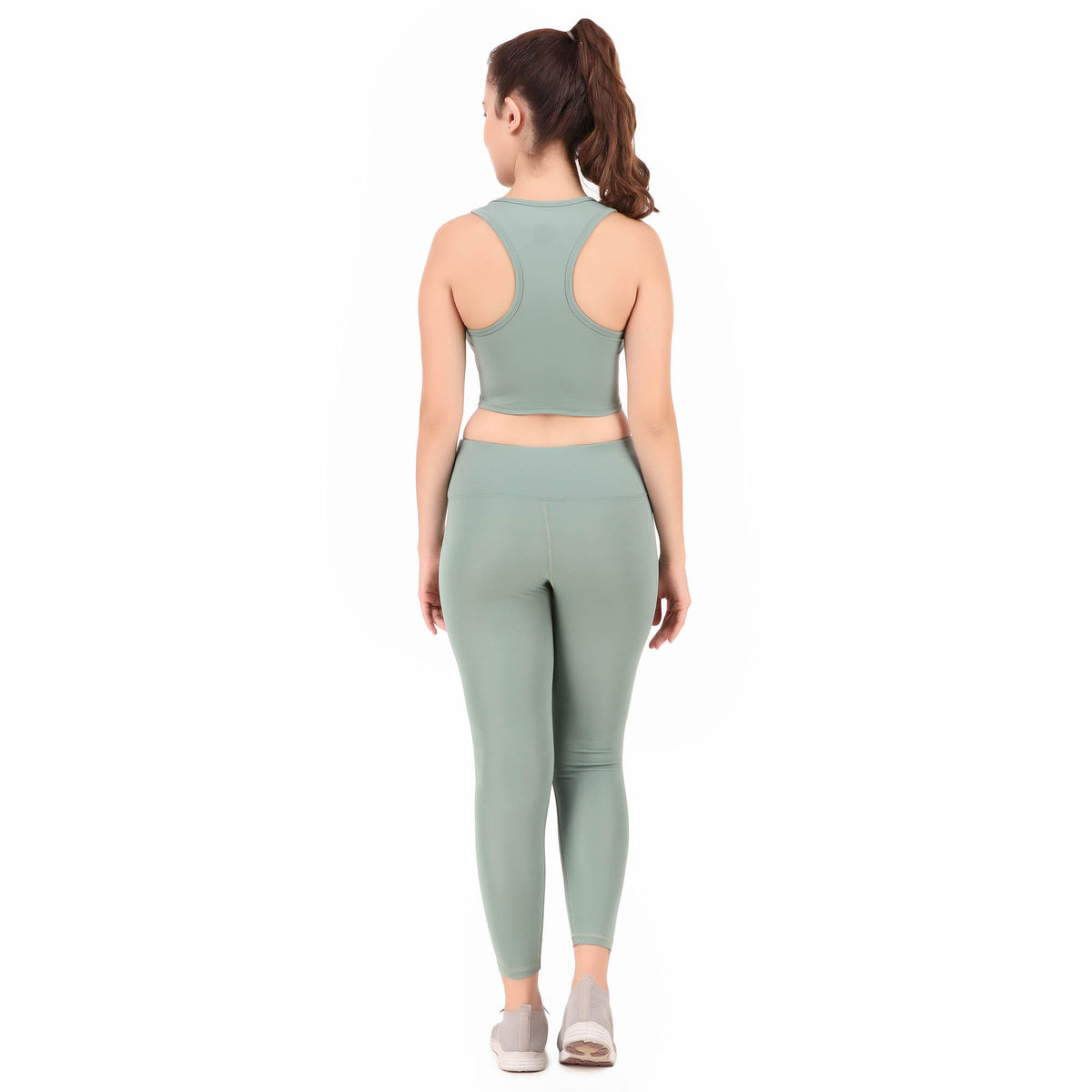 Deevaz Pair of Medium Impact Sports Bra & Tights in Sea Green Colour with Interlock details.