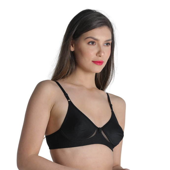 Deevaz Breathable Black Cotton Solid T-Shirt Bra with Mesh Detailing for Everyday Basics.
