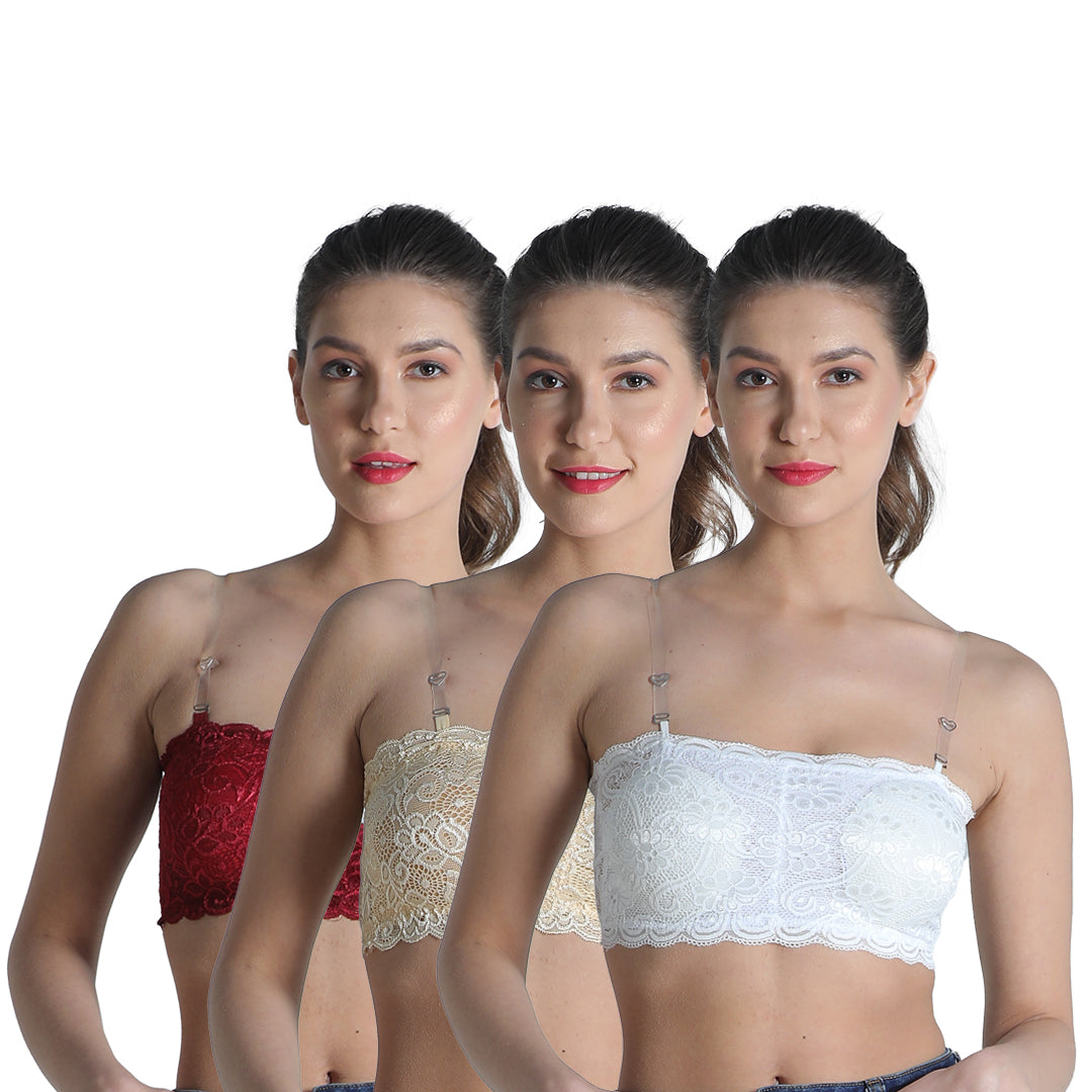 Deevaz Combo Of 3 Padded Tube Bra In Maroon, Skin & White Poly-Lace Fa –