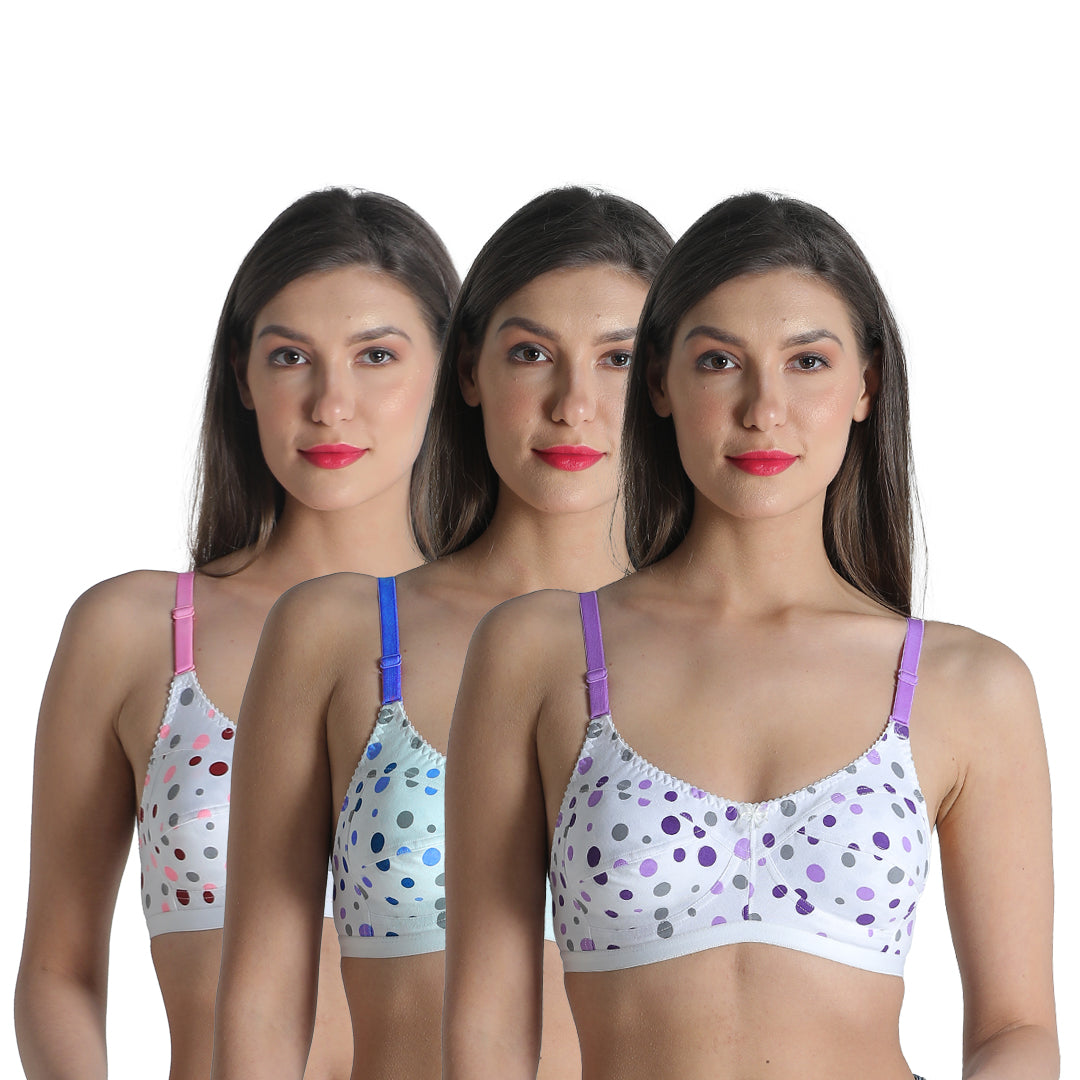 Deevaz Cotton Rich Polka Dot Printed Non Padded Bra Combo of 3 in Pink –