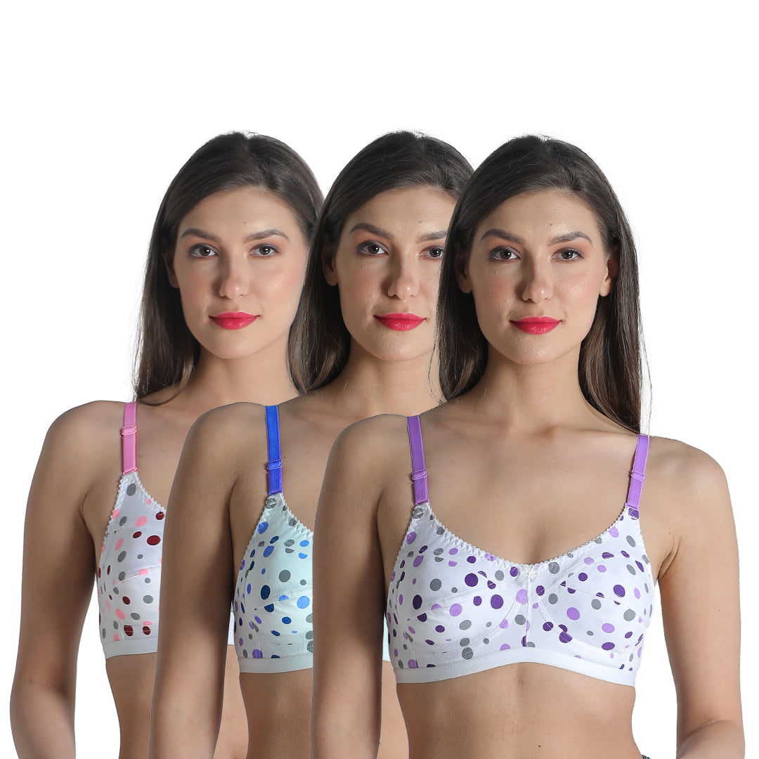 Deevaz Cotton Rich Polka Dot Printed Non Padded Bra Combo of 3 in Pink Blue  and Purple