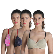 Load image into Gallery viewer, Deevaz Polyamide Padded Non-Wired Full Coverage Push Up Bra  Combo of 3 - Polka Dot - Pink Floral - Melange Skin.