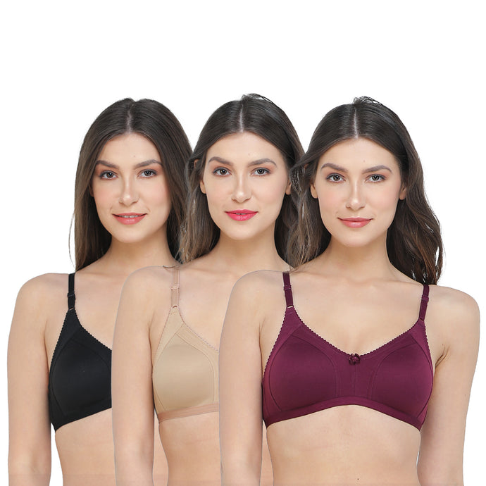 Deevaz Spacer Rich Fabric Moulded Cup Full Coverage Bra- Combo of 3 in Purple Skin & Black