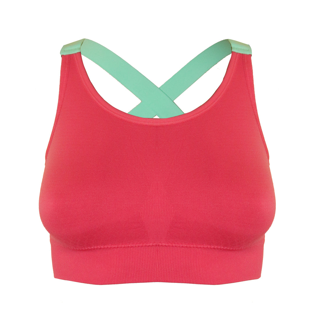 Deevaz Medium Impact Padded non-wired Sports Bra in Carrot Pink Colour with Neon Cross back strap detailing.