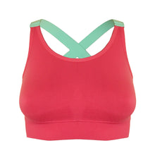 Load image into Gallery viewer, Deevaz Medium Impact Padded non-wired Sports Bra in Carrot Pink Colour with Neon Cross back strap detailing.