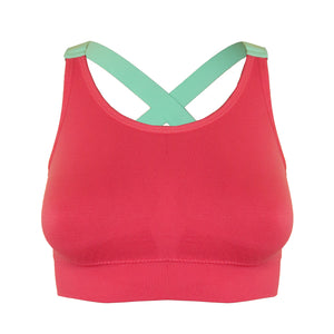 Deevaz Medium Impact Padded non-wired Sports Bra in Carrot Pink Colour with Neon Cross back strap detailing.