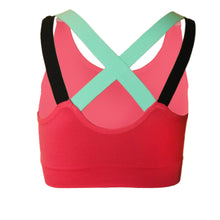 Load image into Gallery viewer, Deevaz Medium Impact Padded non-wired Sports Bra in Carrot Pink Colour with Neon Cross back strap detailing.