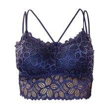 Load image into Gallery viewer, Deevaz Padded non-wired Floral Lace Crop Bralette in Royal Blue Colour with Cross strap detailing.