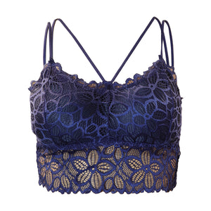 Deevaz Padded non-wired Floral Lace Crop Bralette in Royal Blue Colour with Cross strap detailing.